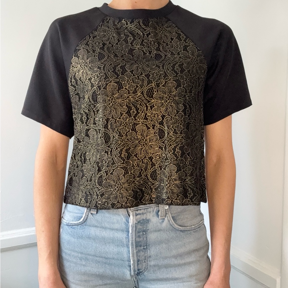 Torn By Ronny Kobo Black and Gold Lace Women's Top